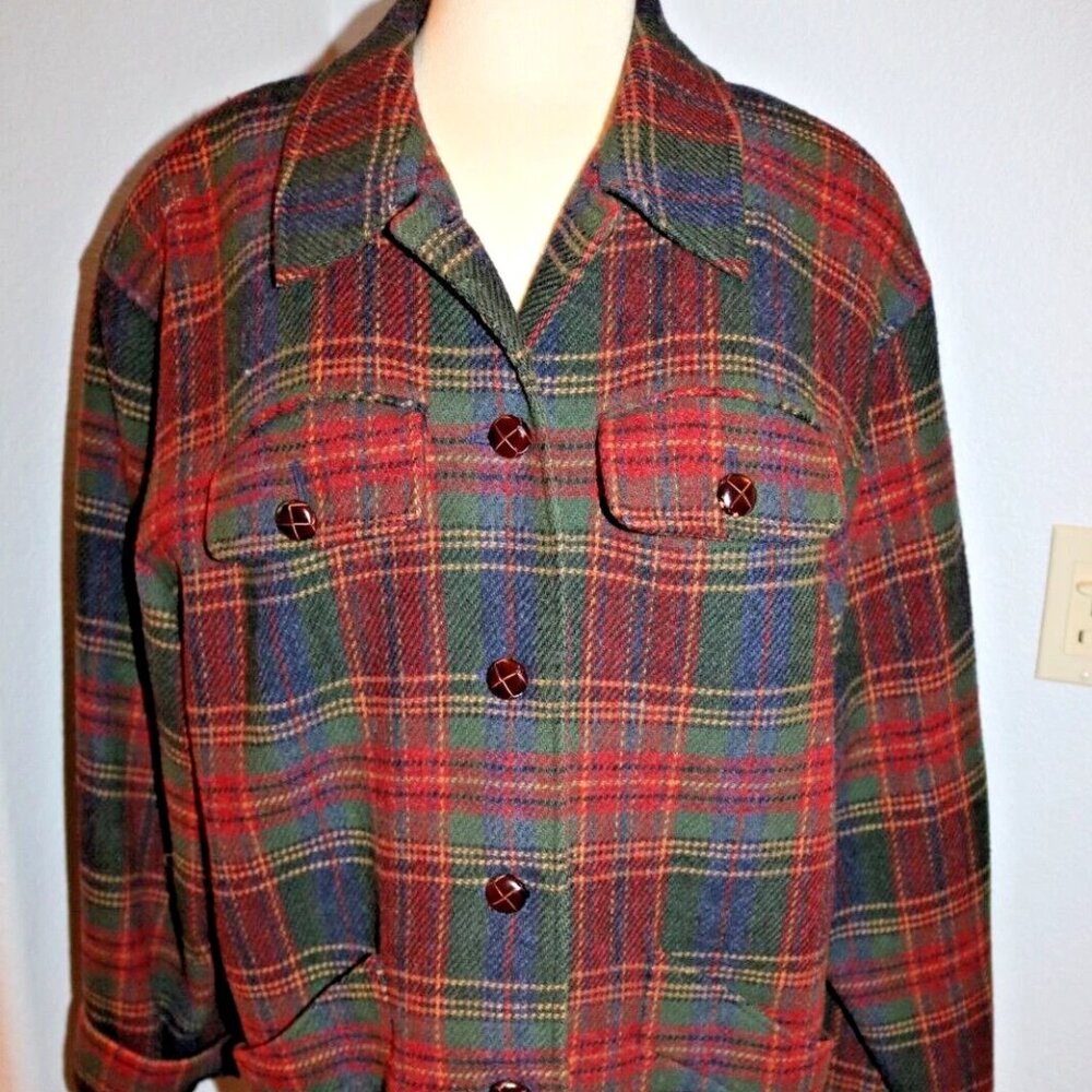 Vintage Women's Plaid Heavy Wool Coat Button Up Pladed Jacket Size 16
